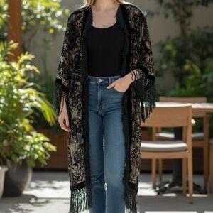 Simply Silk Elegant Black, Gold and Green Women's Fringed Kimono One Size